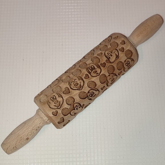 Disney Mickey Mouse Dough Rolling Pin Embossed Wooden Cookies Decor Vintage - Picture 1 of 7